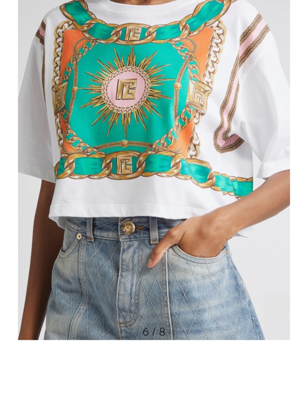 Balmain White Crop T-Shirt with Turquoise & Orange Foulard Motif NEW!